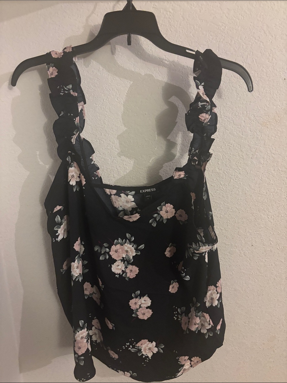 Express Black Floral Ruffle-Strap Camisole with Pink Blooms